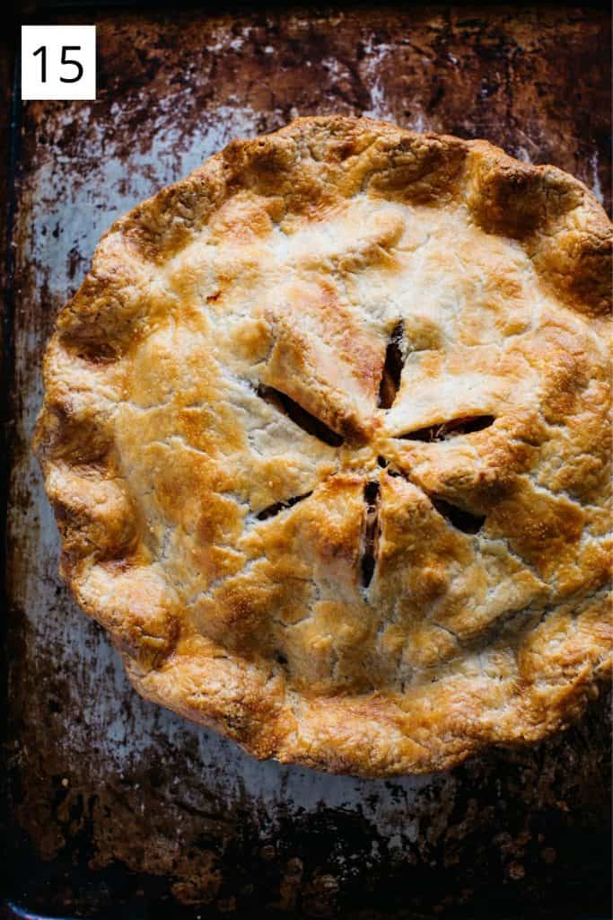 freshly baked apple pie on a sheet pan