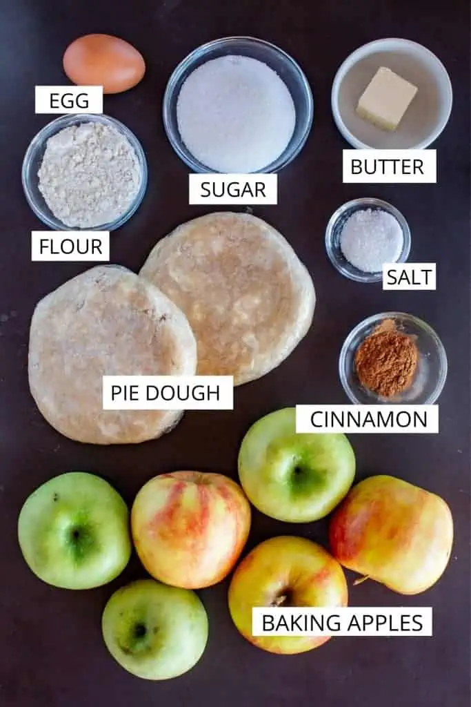 overhead shot of labeled ingredients for apple pie