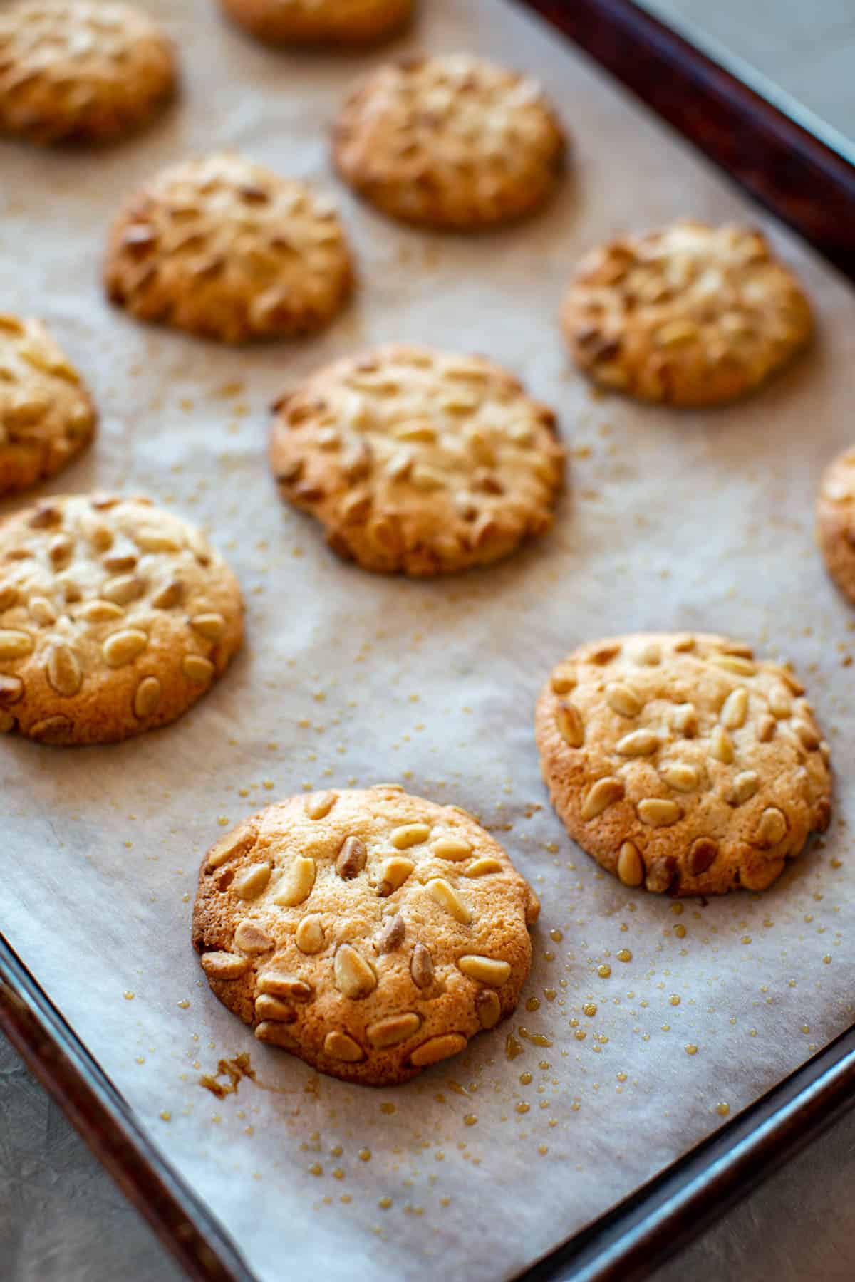 side angle of Pignoli Cookies cooling on a baking sheet
