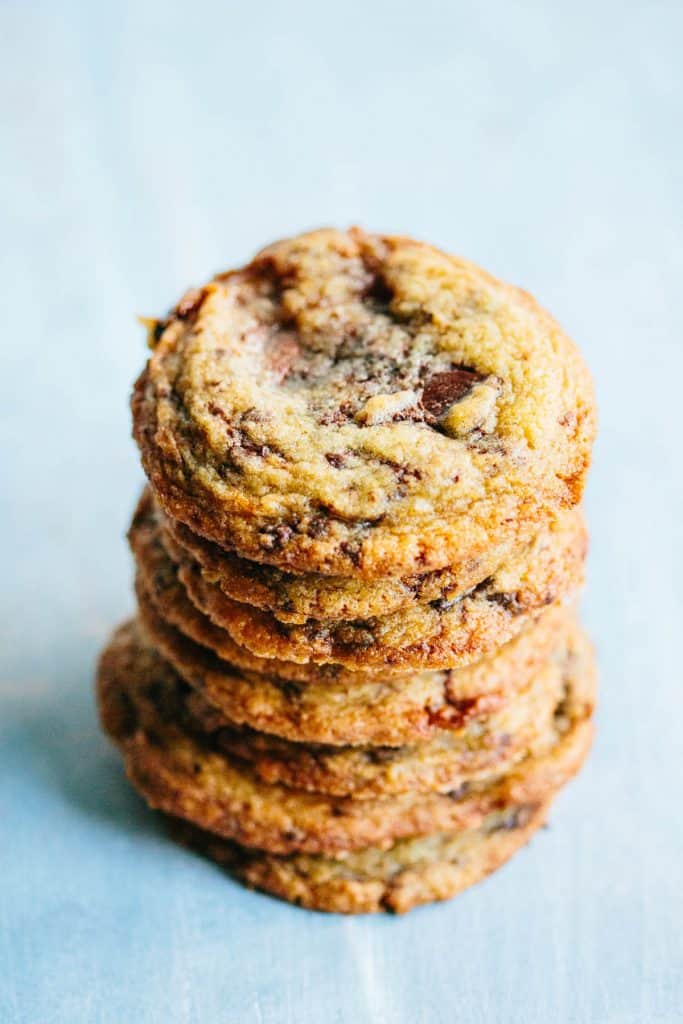 A stack of chocolate toffee chunk cookies