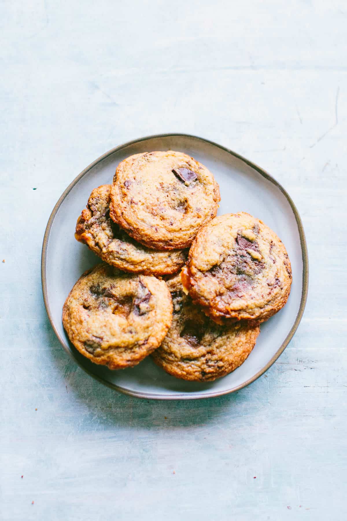 A plate of chocolate chip cookies