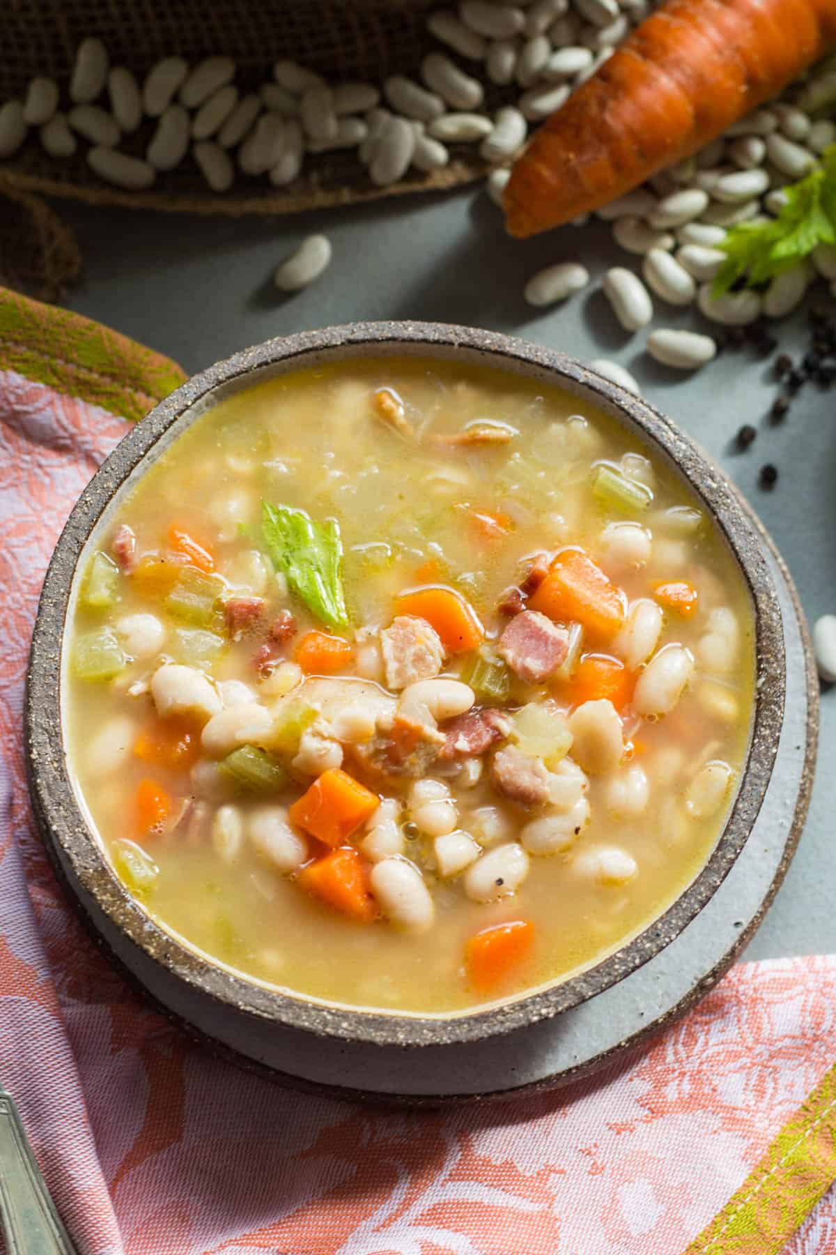 overhead shot of a bowl of bean soup