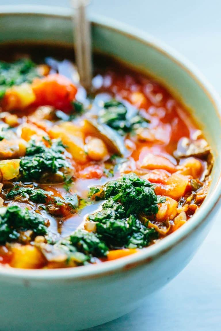 Vegetable minestrone soup in a bowl.