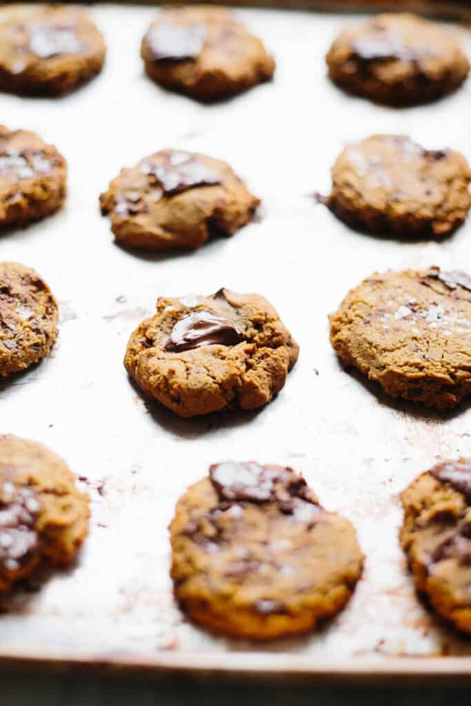 Close up of baked Paleo chocolate chip cookies on a baking sheet.