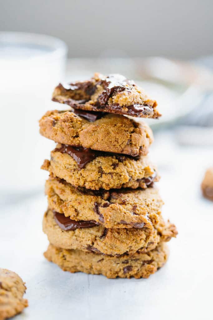 A stack of six Paleo chocolate chip cookies.