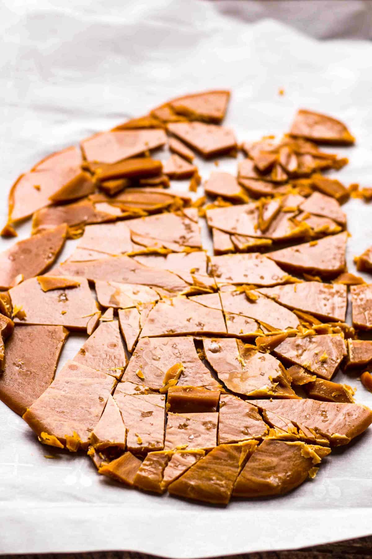 hardened salted caramel broken into pieces