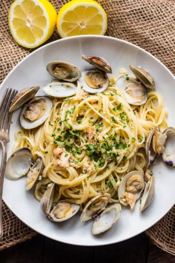 overhead shot of a bowl of pasta with clam sauce