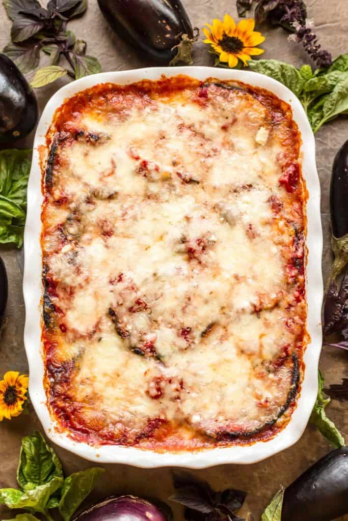 overhead view of a baked eggplant parm