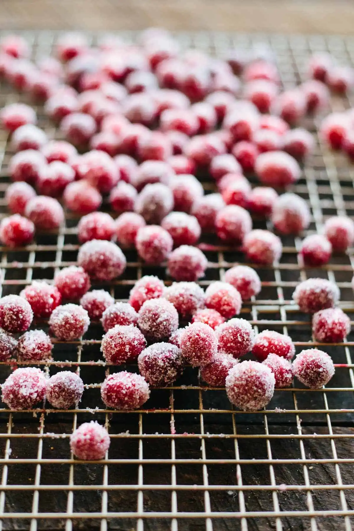 Sugared cranberries on a drying rack.