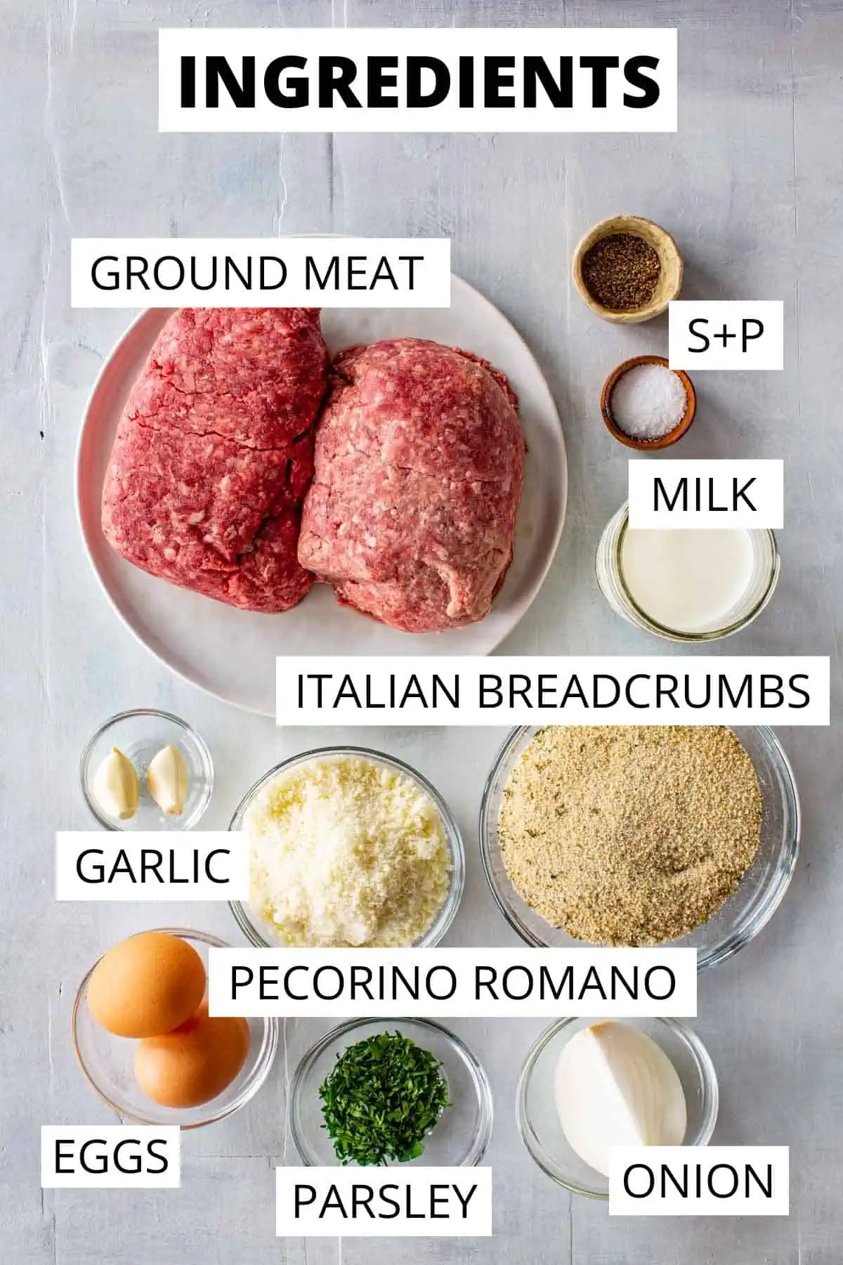 Recipe ingredients including ground meat and other items portioned out in small bowls.