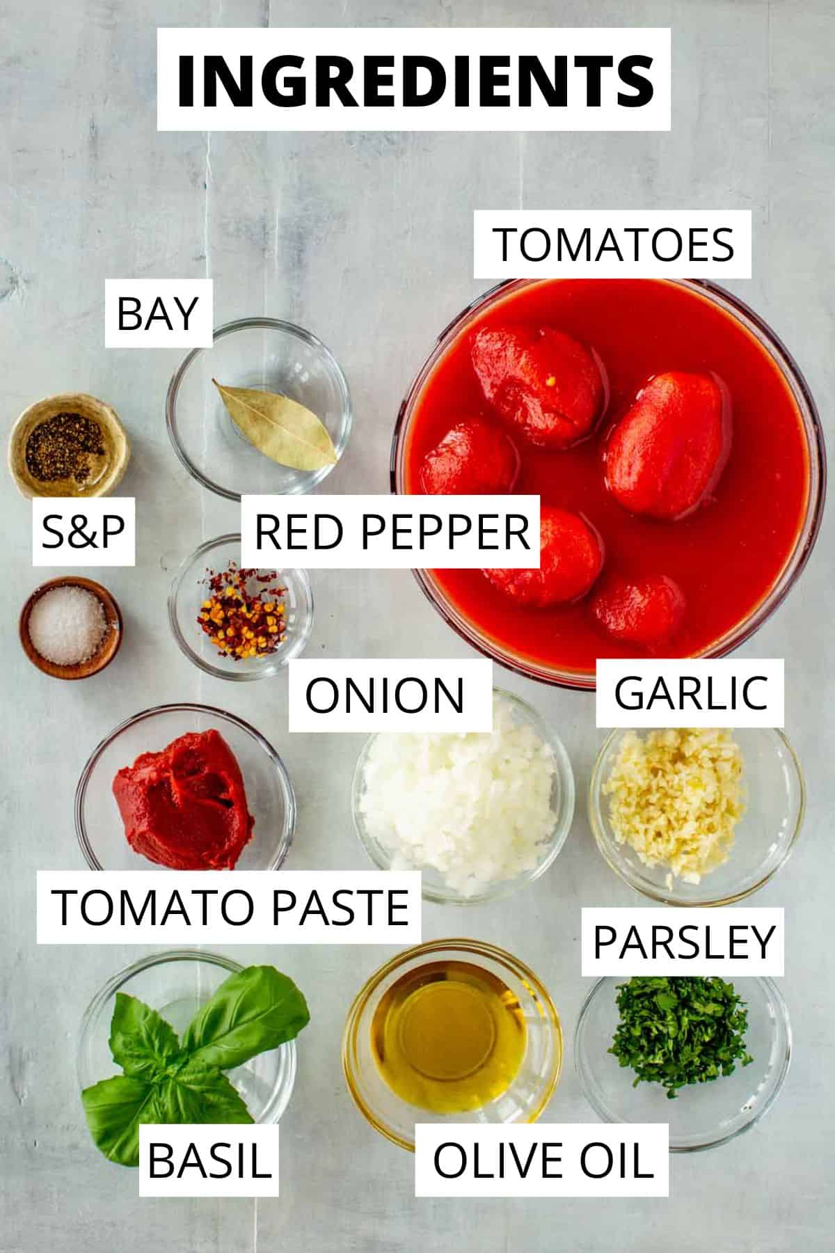 Ingredients needed for homemade marinara sauce. 