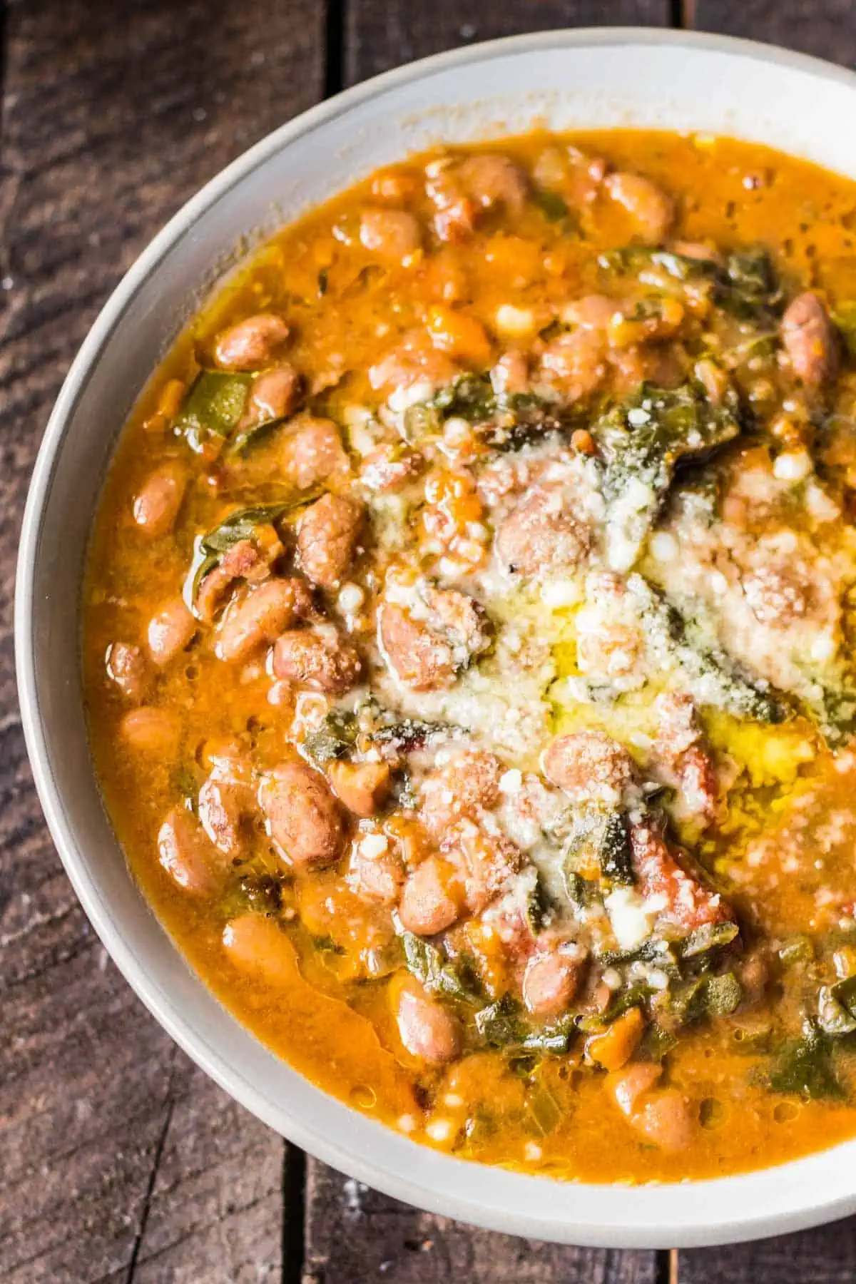 Overhead close up of a bowl of La RIbollita Tuscan soup.