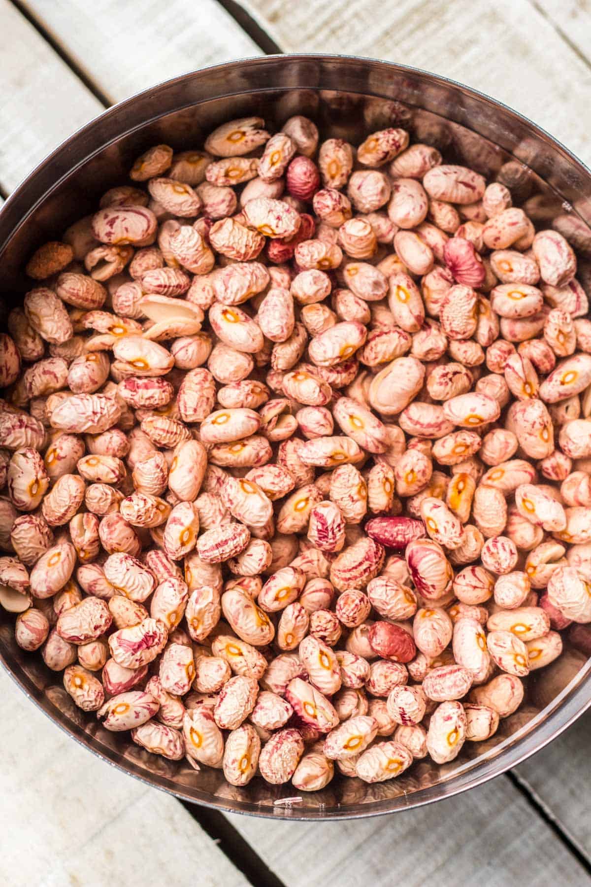Overhead shot of a bowl of cranberry beans soaking.