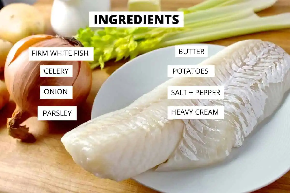 Raw fish and other ingredients needed to make fish chowder with ingredients listed.