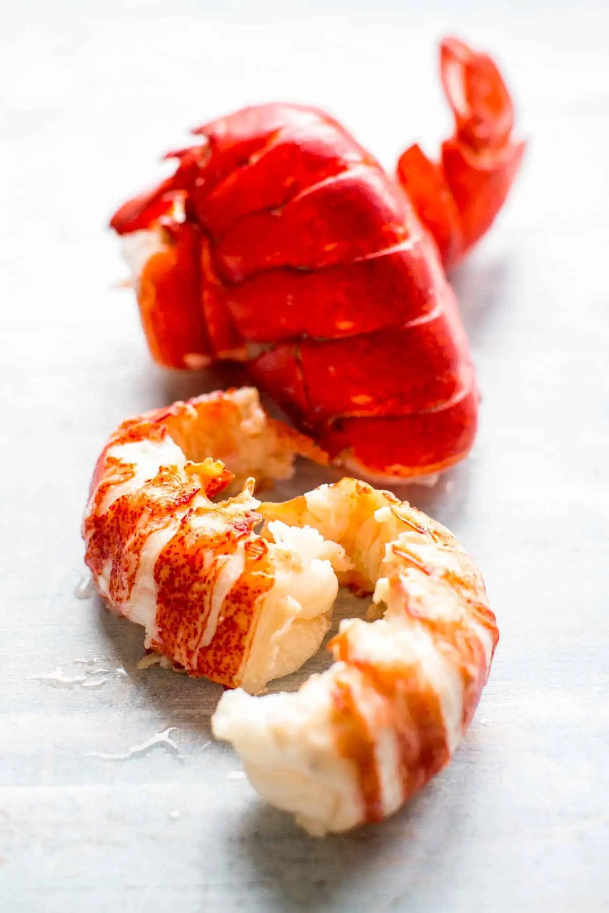 The meat from two lobster tails with the shells behind them.
