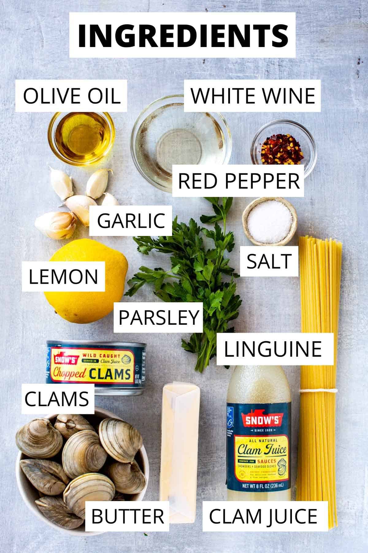 All the ingredients needed for linguine alle vongole, or pasta with clam sauce.