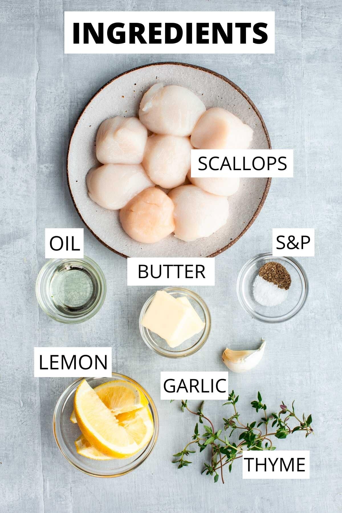 Ingredients needed for perfectly pan seared scallops.