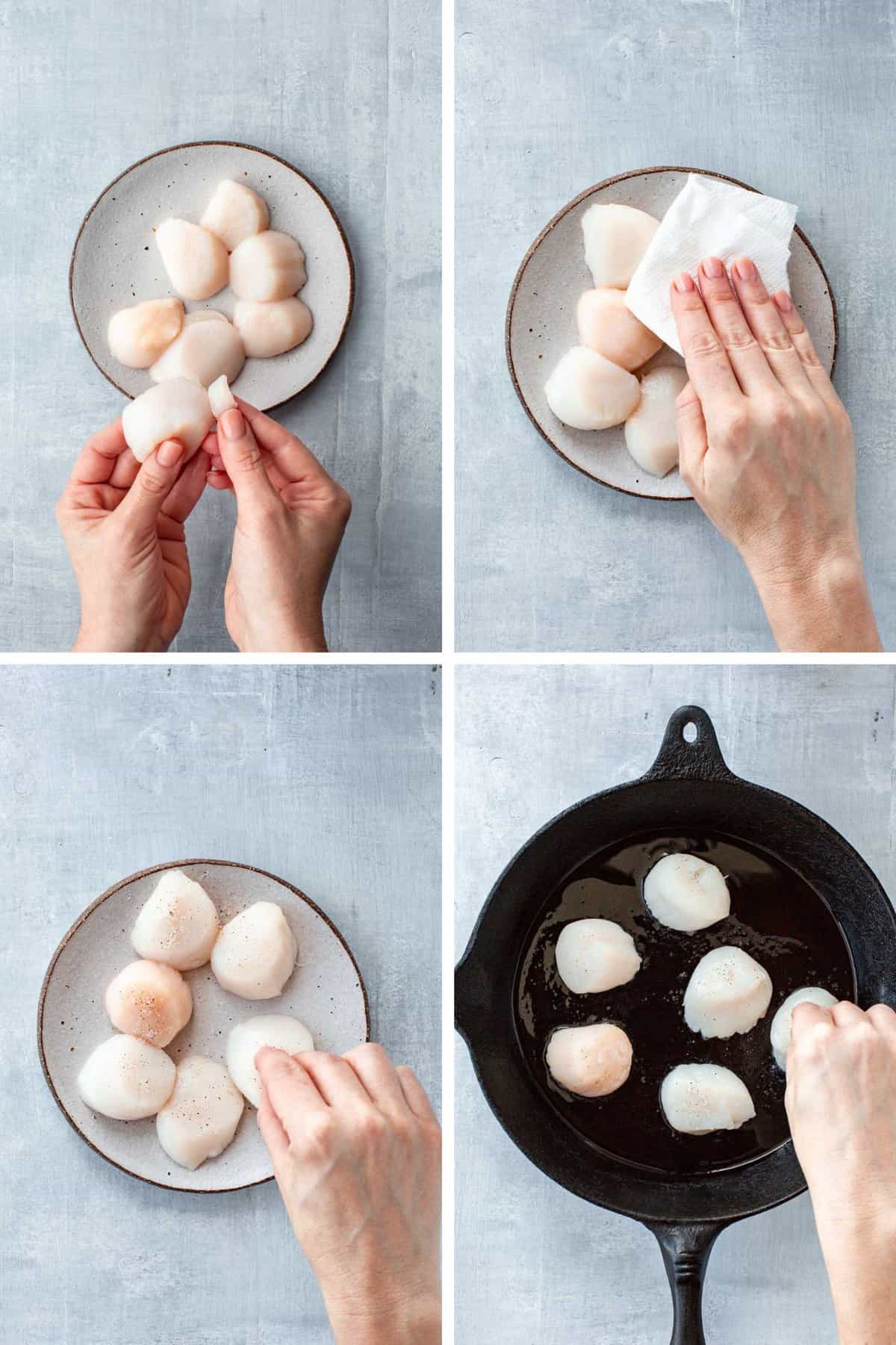 Four photos showing how to remove the side muscle on scallops, dry, season, and pan sear.