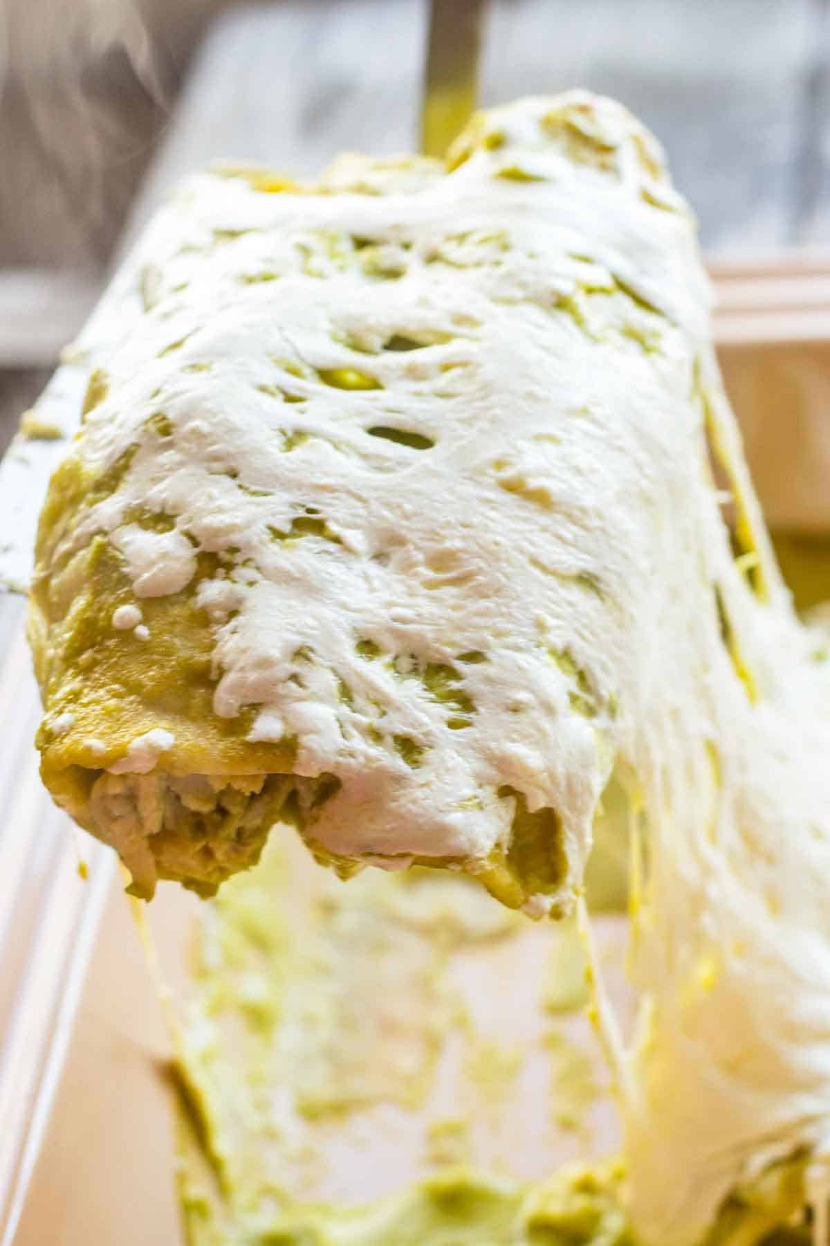 A spatula removing two enchiladas verdes from a tray with lots of stringy cheese.