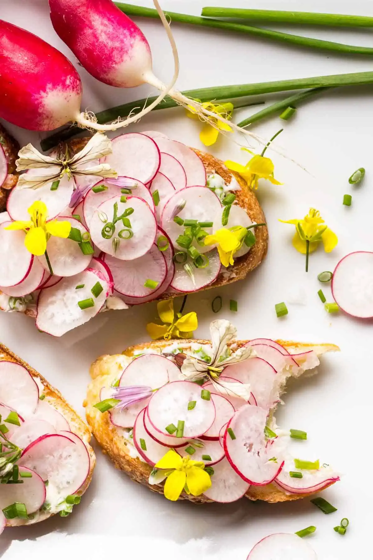 Close up overhead shot of a white plate with buttered radish toasts garnished with flowers, one with a bite taken out.