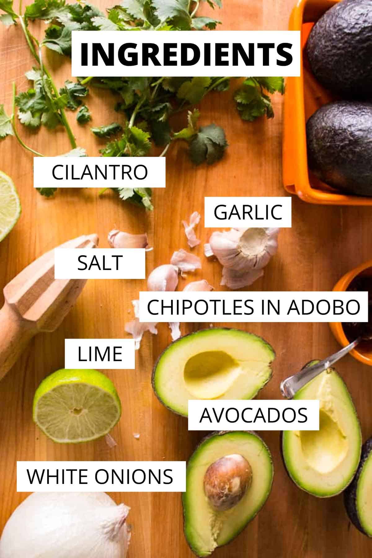 Ingredients for simple smoky spicy guacamole.
