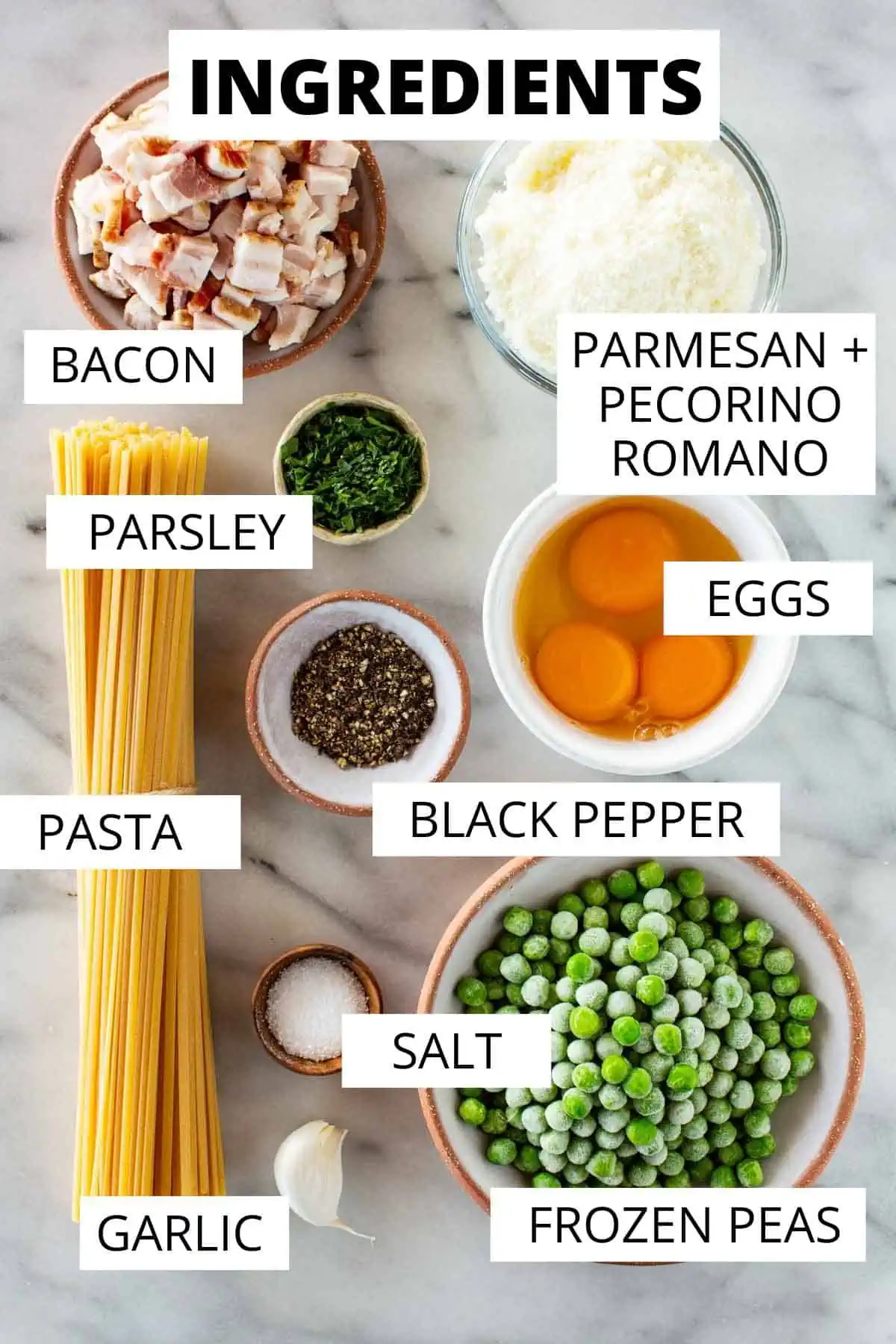 Ingredients needed for pasta alla carbonara with peas.