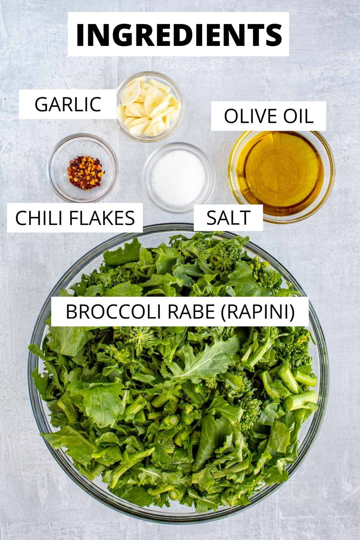 Ingredients for sautéed broccoli rabe with garlic and oil.