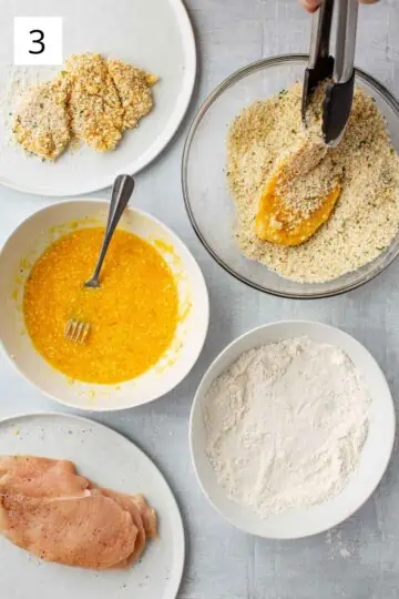 Visual of how to coat chicken in breading to make chicken parmesan.