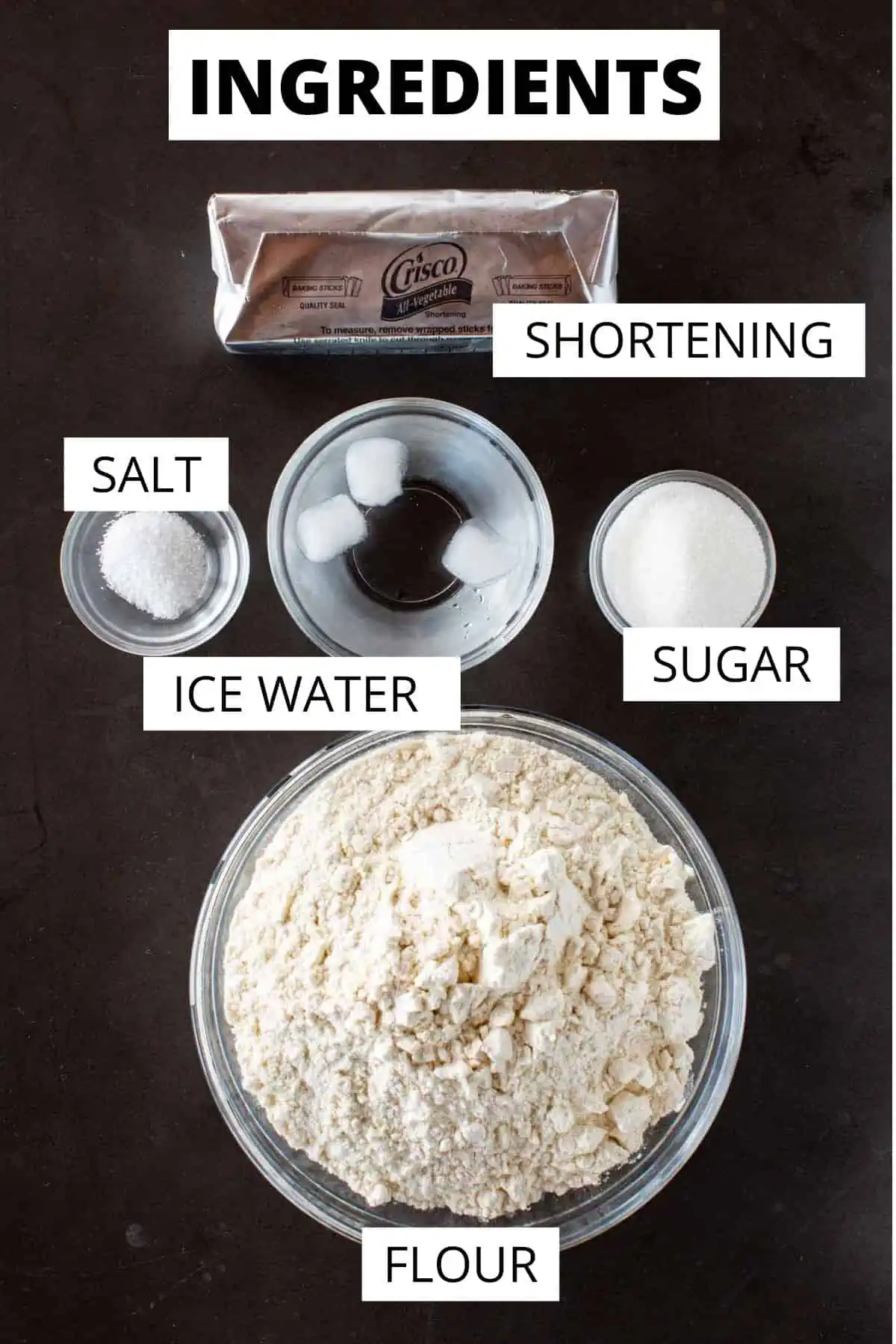 A labeled graphic with Crisco pie crust ingredients portioned out. 