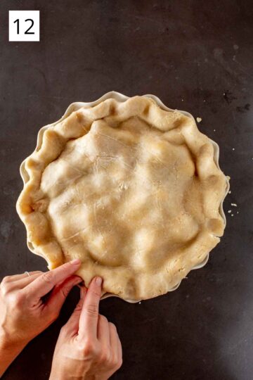 Adding finishing touches to the edges of an unbaked pie crust.