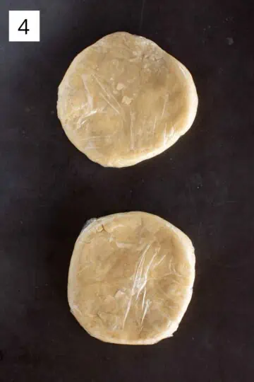 Crisco pie crust recipe dough discs wrapped in plastic. 