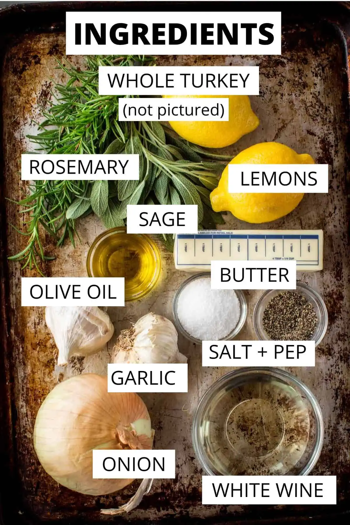 A bird's eye view of Italian style roasted turkey ingredients, labeled.