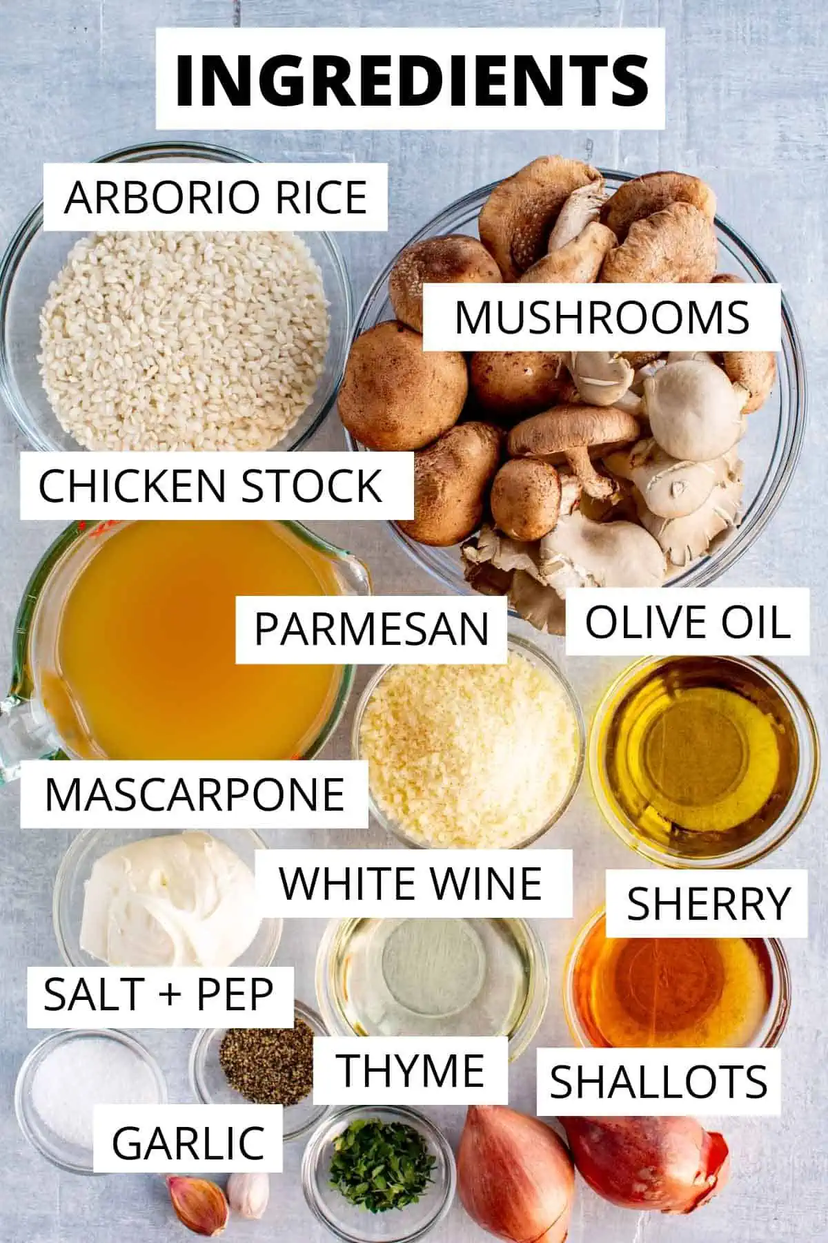 Ingredients for mushroom risotto: arborio rice, mushrooms, chicken stock, parmesan, olive oil, mascarpone, white wine, sherry, salt and pepper, thyme, shallots, and garlic. 