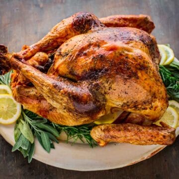 An Italian roasted Thanksgiving turkey on a platter with fresh sage and lemon slices.
