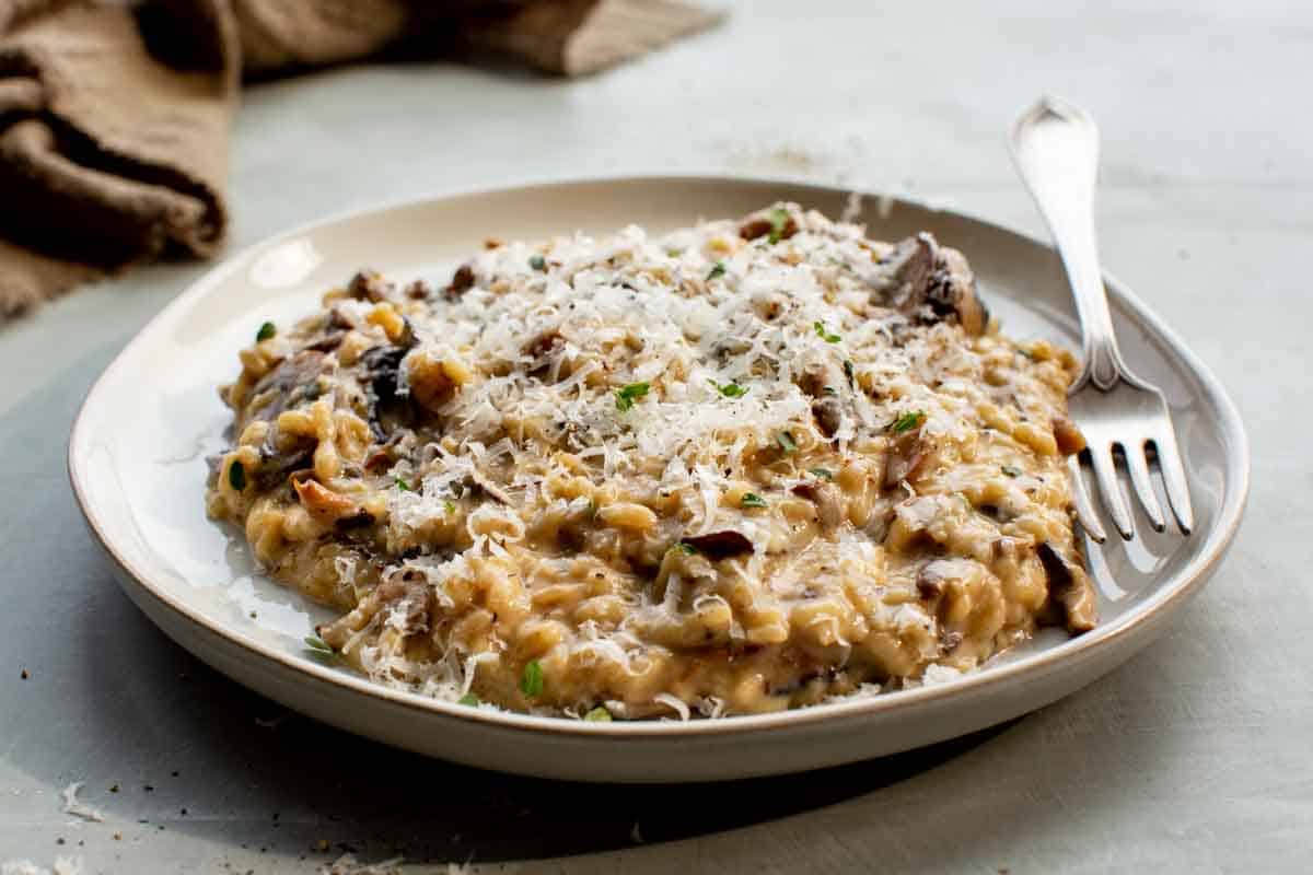 Side view of a plate of mushroom risotto. 
