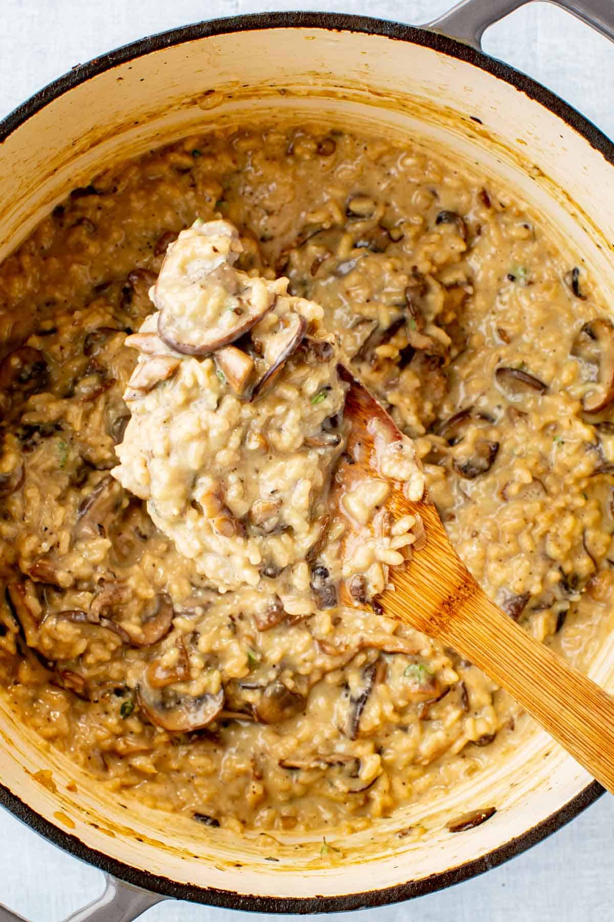 A scoop of creamy risotto with mushrooms on a wooden spoon. 
