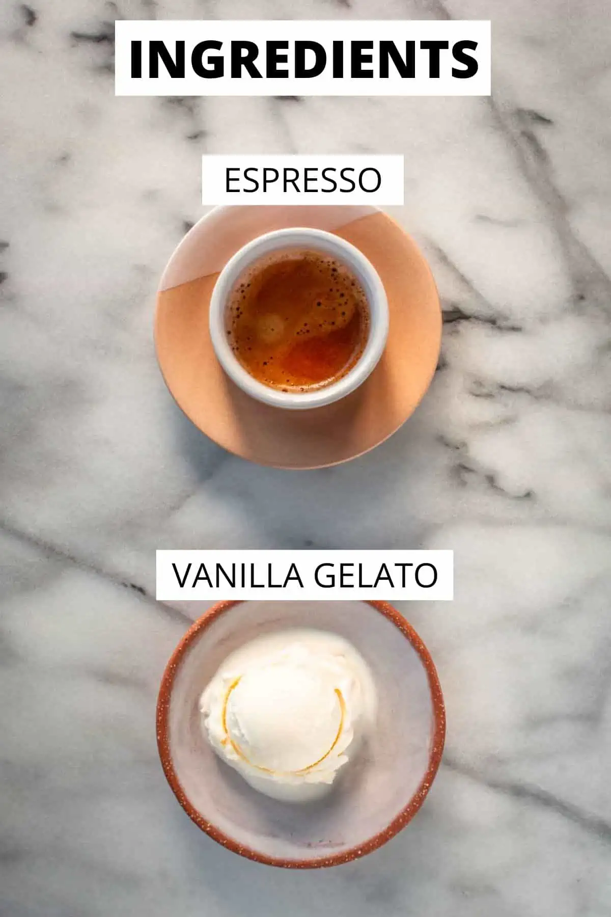Labeled ingredient graphic for making an affogato, featuring espresso and vanilla gelato.