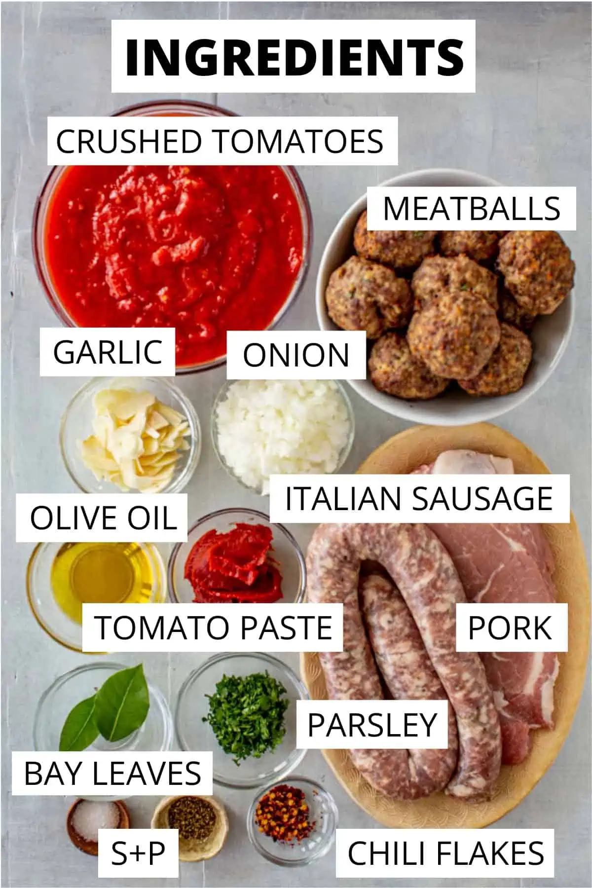 Ingredients for Italian Sunday gravy or sugo.