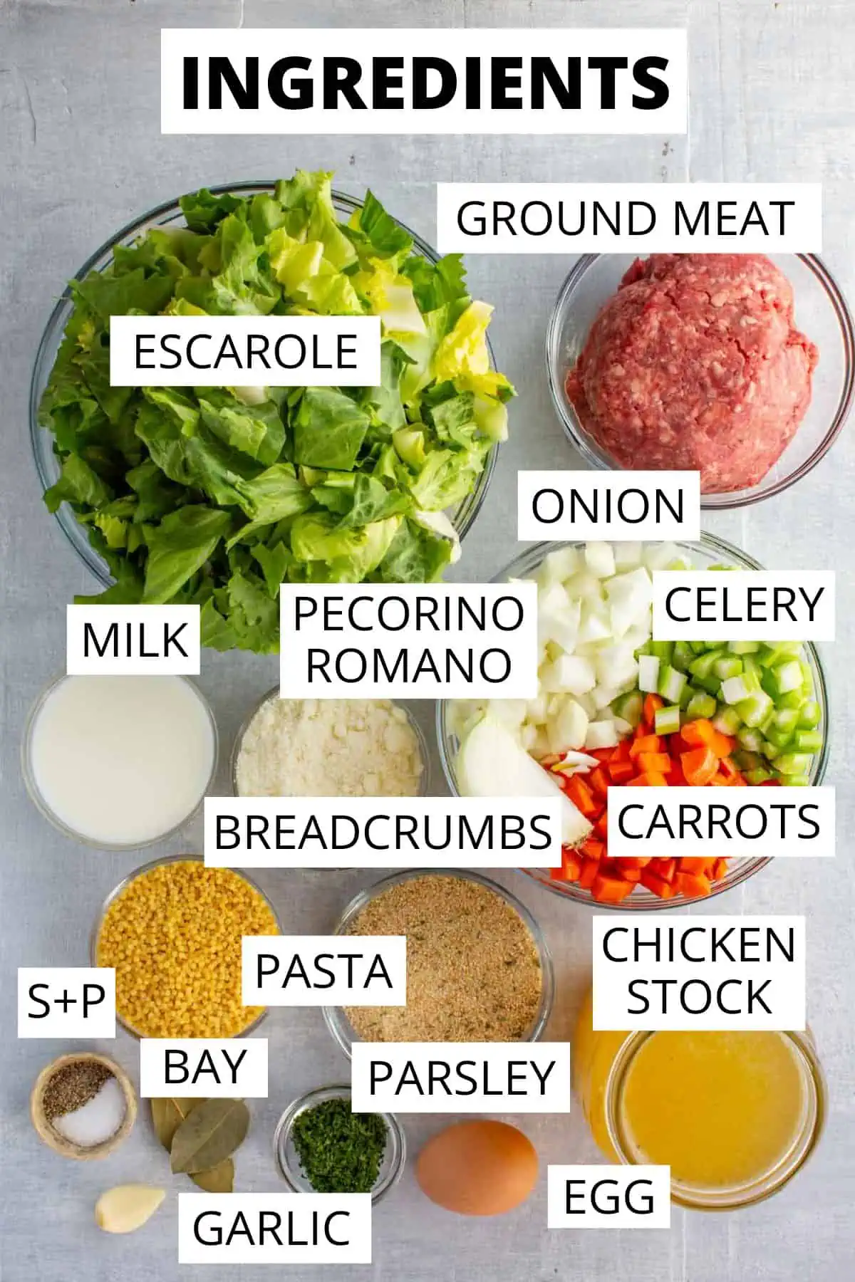 Ingredients needed to make meatball and pasta soup with vegetables. 