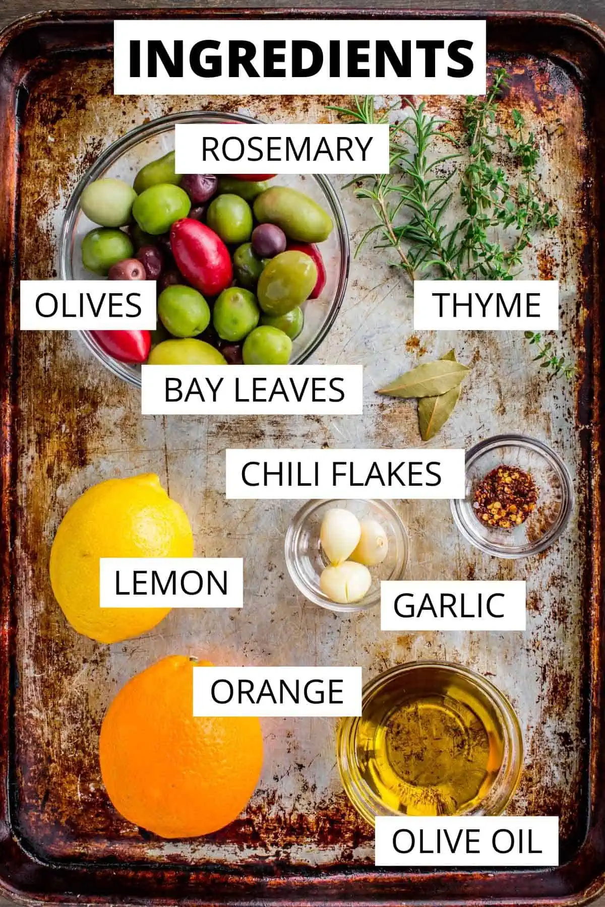 Ingredients for citrus marinated olives.