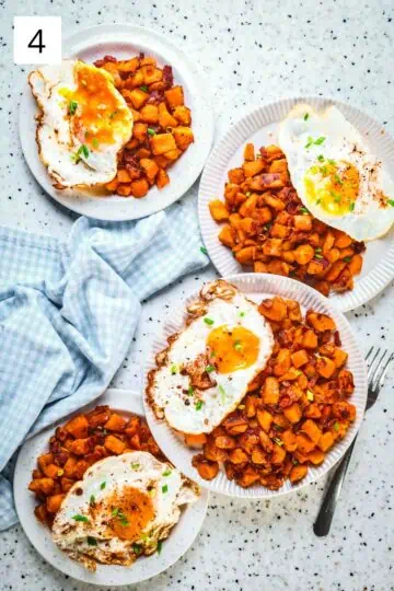 Plates of sweet potato and bacon hash with fried eggs.