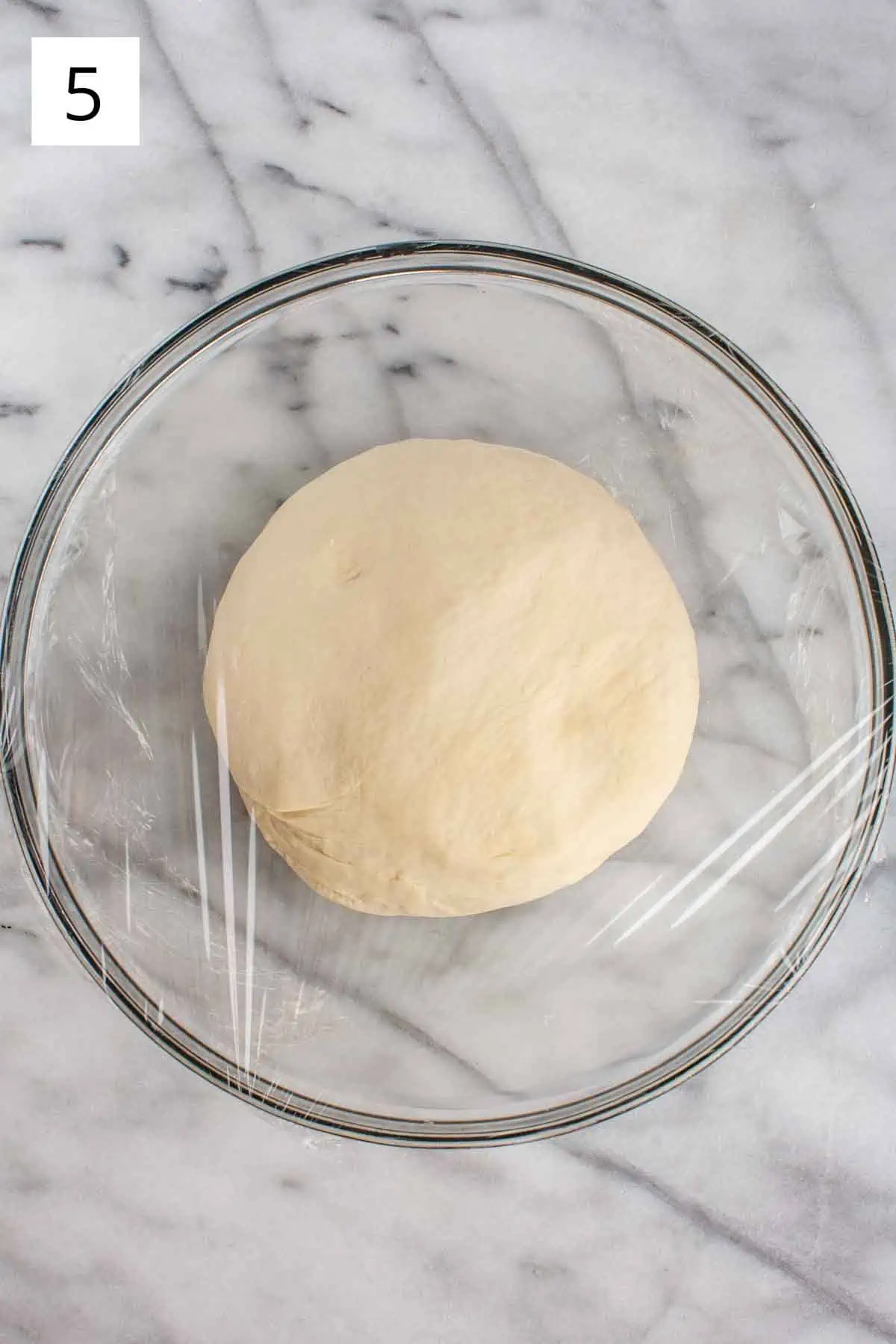 Uncooked Neapolitan pizza dough formed into a ball and placed in a mixing bowl.