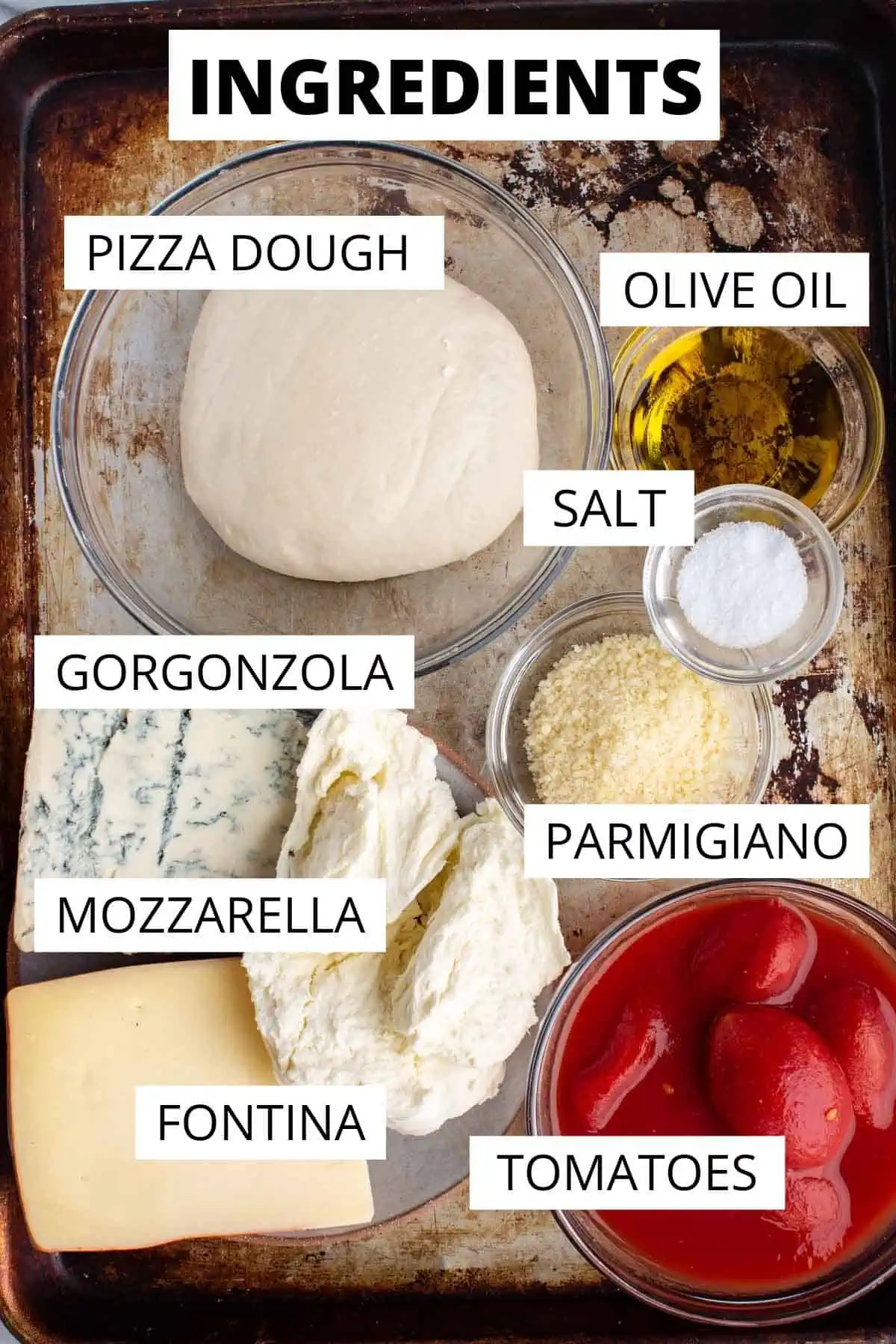 A graphic image with labeled Quattro Formaggi ingredients.