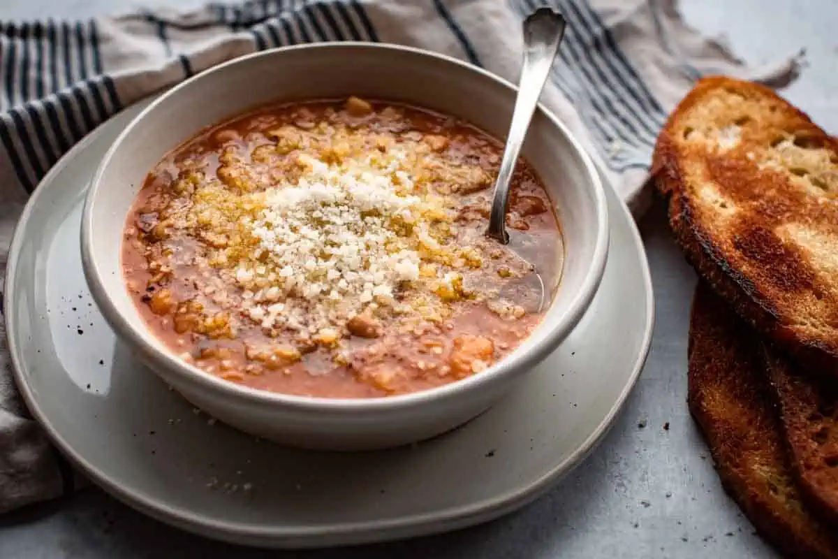 Pasta e fagioli soup in a bowl.