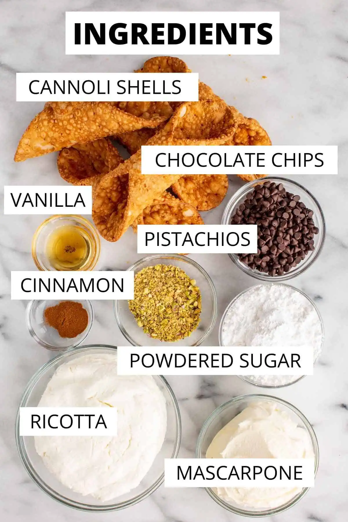 Ingredients needed to make cannoli.