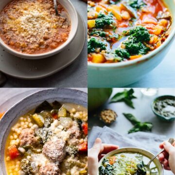 A collage of 4 different photos of soups.