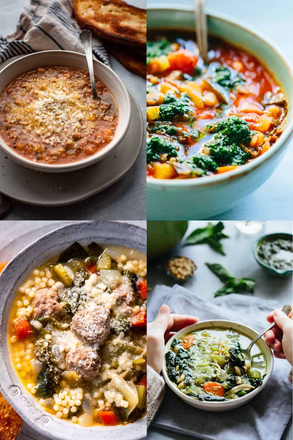 A collage of 4 different photos of soups. 