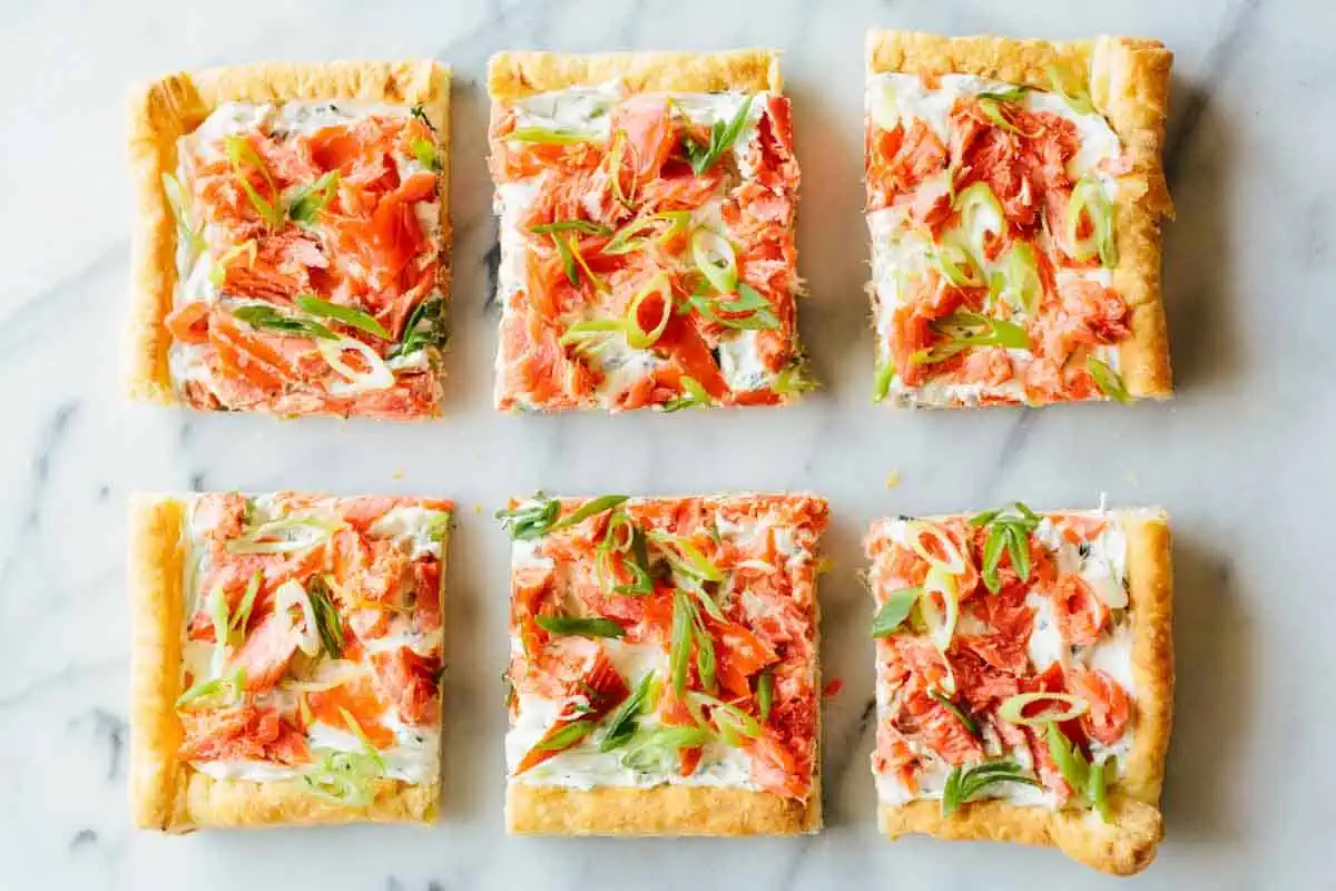 Six pieces of salmon tart in two rows of 3.