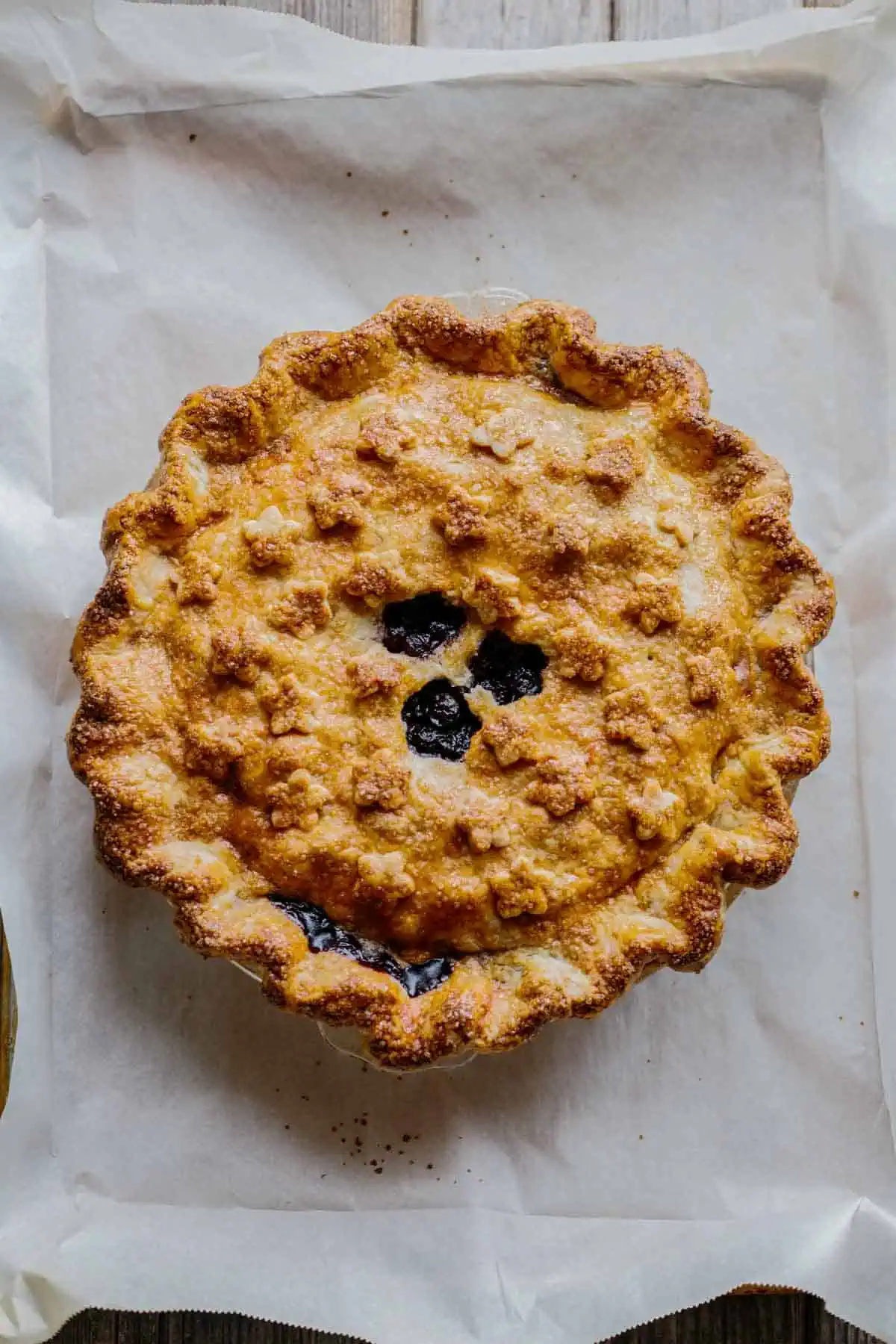 A whole old fashioned double-crust blueberry pie baked to perfection.