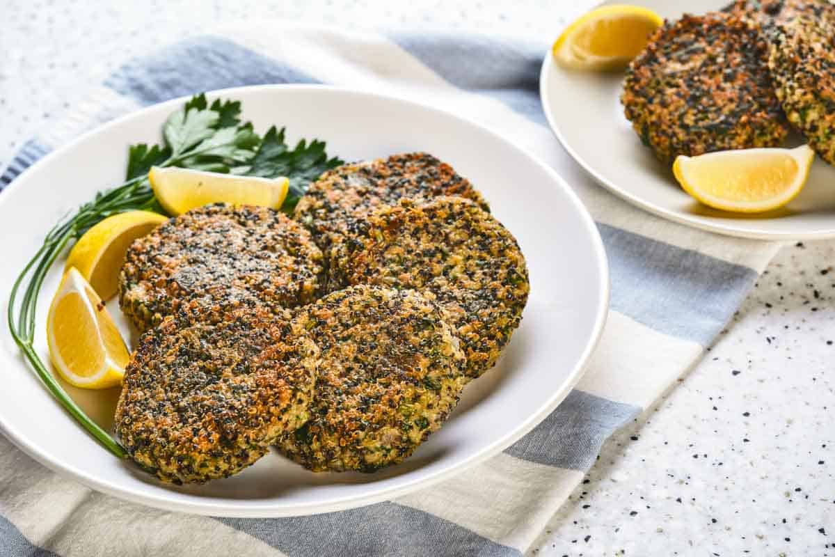 A plate of kale and quinoa patties.